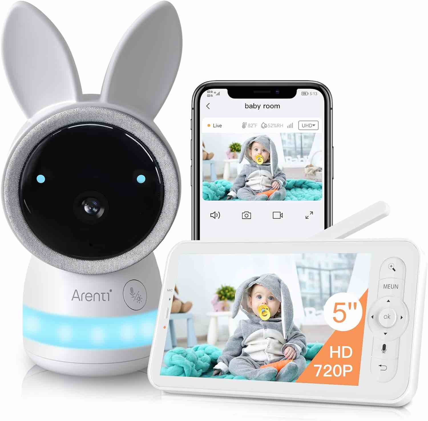 ARENTI Video Baby Monitor, Audio Monitor with 2K Ultra HD WiFi Camera,5" Color Display,Night Vision,Lullabies,Cry Detection,Motion Detection,Temp & Humidity Sensor,Two Way Talk,App Control
