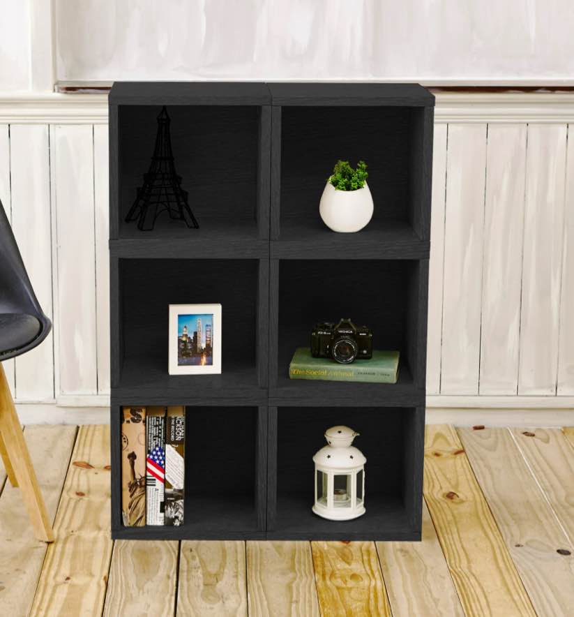Way Basics WB-CUBE-P-BK Eco Stackable Storage Cube Plus & Cubby Organizer, Black Wood Grain