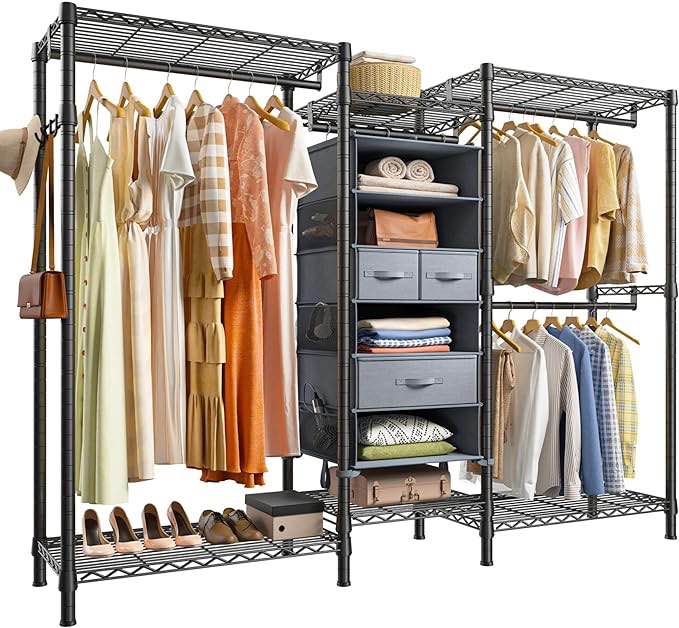 VIPEK V10 Wire Garment Rack 5 Tiers Heavy Duty Clothes Rack with 4 Hanging Rods, 6 Wire Shelves & 2 Slid Storage Baskets, Large Size Clothing Rack 85.8" W x 15.7" D x 70.5" H, Max Load 800 LBS, Black