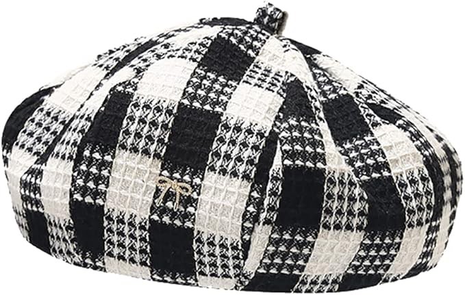 Black and White Plaid Beret Hats for Women Ladies Casual Stylish French Style Painter Hat Checked Pumpkin Beanie Cap