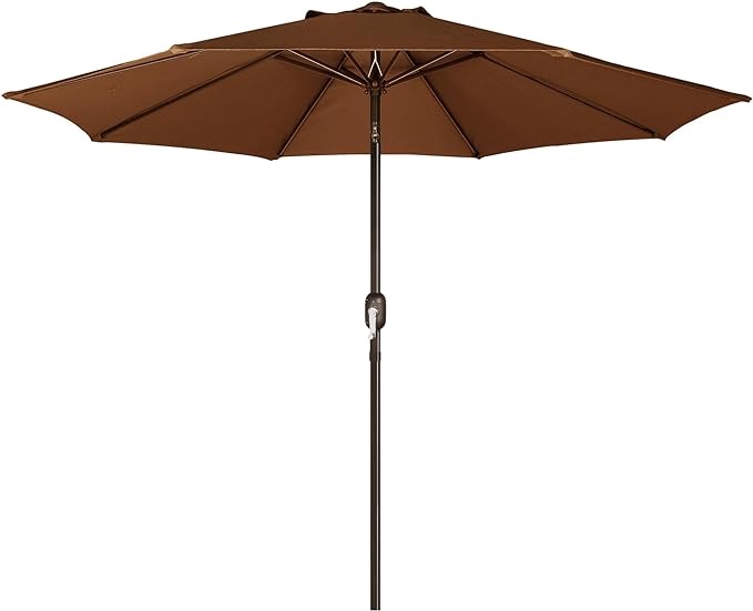Blissun 9' Outdoor Aluminum Patio Umbrella, Market Striped Umbrella with Push Button Tilt and Crank, Brown
