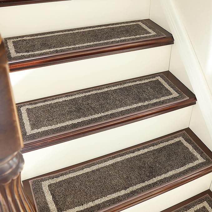 COSY HOMEER Soft Stair Treads Non-Slip Carpet Mat 28inX9in Indoor Stair Runners for Wooden Steps,Stair Rugs for Kids and Dogs, 100% Polyester TPE Backing 15pcs,Brown,Square 15pc Brown