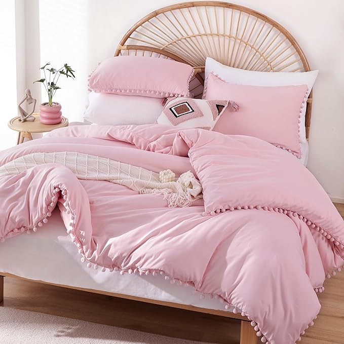 YIRDDEO Queen Comforter Set - Comforter Queen Size Sets with Ball Pom Fringe, Soft Bedding Set for All Seasons - 3 Pieces, 1 Comforter (90"x90") & 2 Pillow Shams (20"x26"), Dust Pink