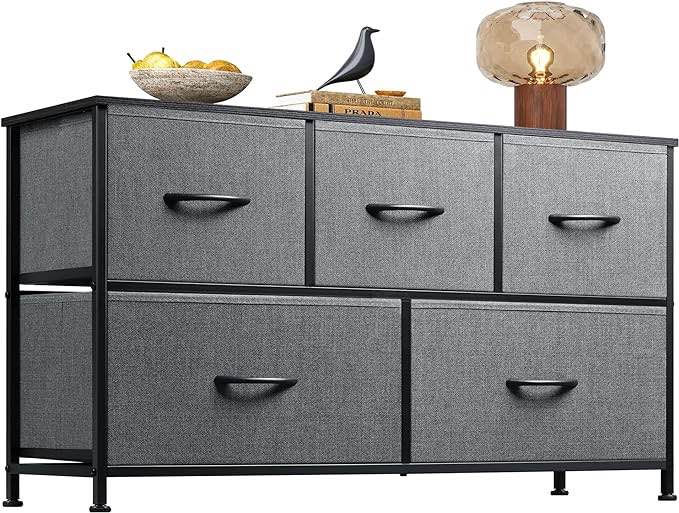 WLIVE Dresser for Bedroom with 5 Drawers, Wide Chest of Drawers, Fabric Dresser, Storage Organizer Unit with Fabric Bins for Closet, Living Room, Hallway, Dark Grey