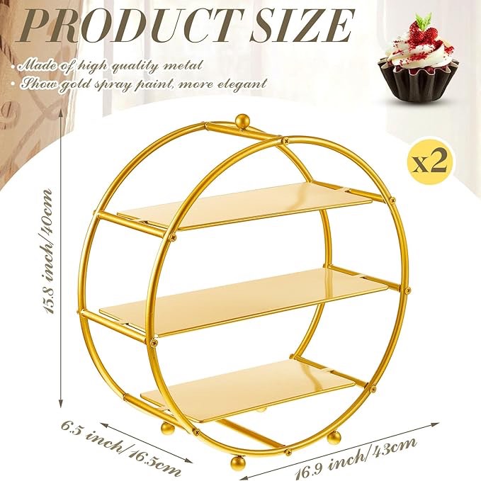 16.9" Gold Metal Tiered Cupcake Stand Round 3 Tier Dessert Stand Cupcake Holder Stand for Dessert Table Display Party Baby Shower Wedding Birthday