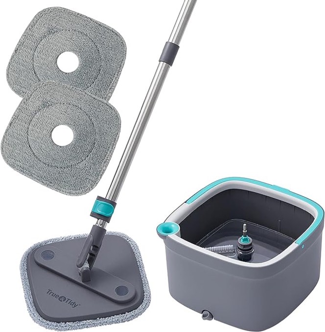 True & Tidy, True Clean Mop and Bucket System, Includes Self-Cleaning Mop, Dual Compartment Mop Bucket and 2 Thick Washable Microfiber Mop Pads, SPIN-800A, Gray