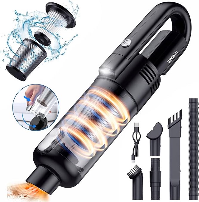 SIMWAL Mini Handheld Vacuum,7500PA Powerful Suction Car Vacuum Cleaner Cordless, Portable Rechargeable Hand Held Vacuum with LED Light Multiple Accessories for Home Office (Black)