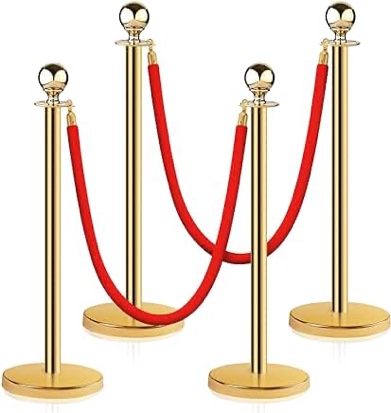 Stainless Steel Stanchion Post Queue 5 ft Red Velvet Rope Red Carpet Ropes and Poles Crowd Control Barriers Sand Injection Hollow Base and Velvet Ropes Set for Party Supplies (4 Pieces, Gold)