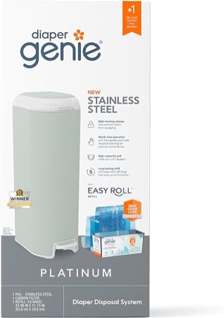 Diaper Genie Platinum Pail (Sage Green) is Made in Durable Stainless Steel and Includes 1 Easy Roll Refill with 18 Bags That can Last up to 5 Months.
