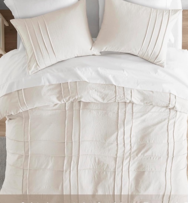 Comfort Spaces Cream King Comforter Set - 3 Pieces Pintuck Pleated Farmhouse Bedding Sets King, All Season Lightweight, Cotton-Like Softness Pre-Washed Microfiber King Bed Set, Shams, King/Cal King