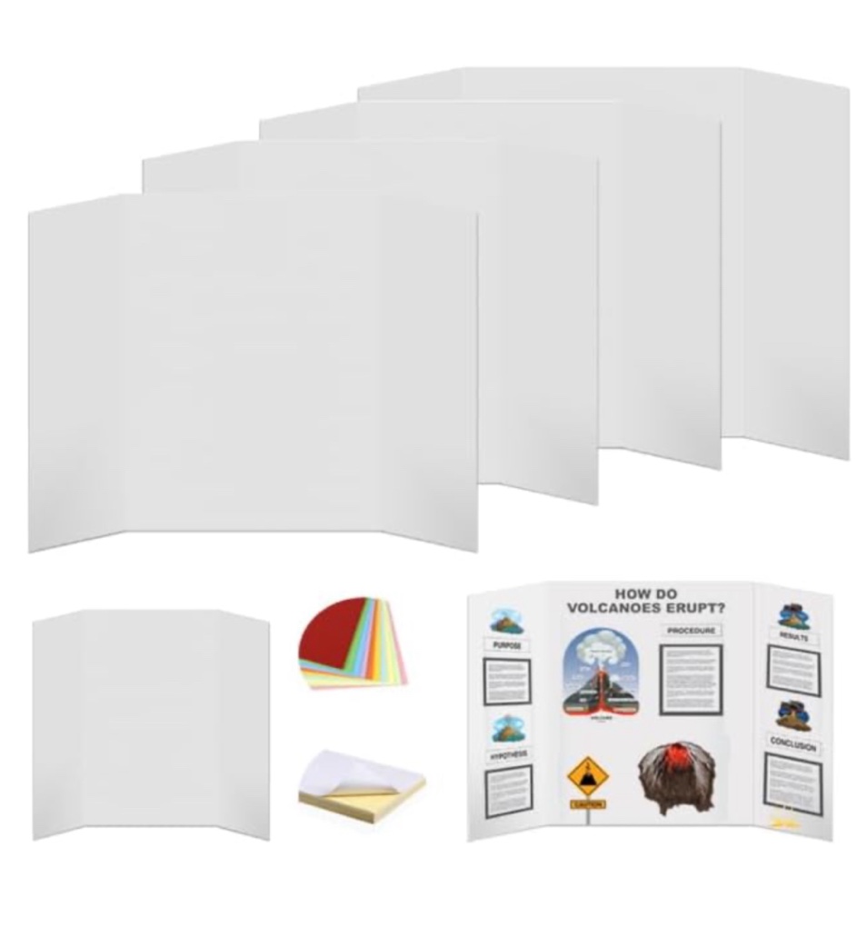 Rsgift 4 Pcs Tri-fold Poster Boards 48 x 36 inches, Premium Corrugated Presentation Boards with Double Sided Tapes and Cardboard, Display Boards for School Project, Exhibitions, Business Presentation 4 Count 48x 36 inches