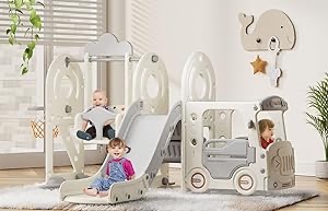 ( incomplete)BIERUM 5 in 1 Toddler Slide and Swing Set, Kid Slide for Toddlers Age 1-3, Bus Themed Baby Slide with Basketball Hoop, Indoor and Outdoor Slide Toddler Playset Toddler Playground