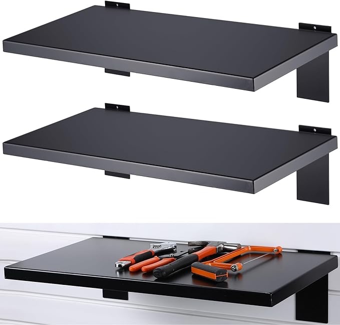 Ferraycle 2 Pack Slatwall Shelf Set 24 x 12 Inch Black Heavy Duty Metal Bracket Wall Mount Hanging Storage Shelf Slatwall Accessories for Office Home Gaming Room Retail Boutiques Supplies