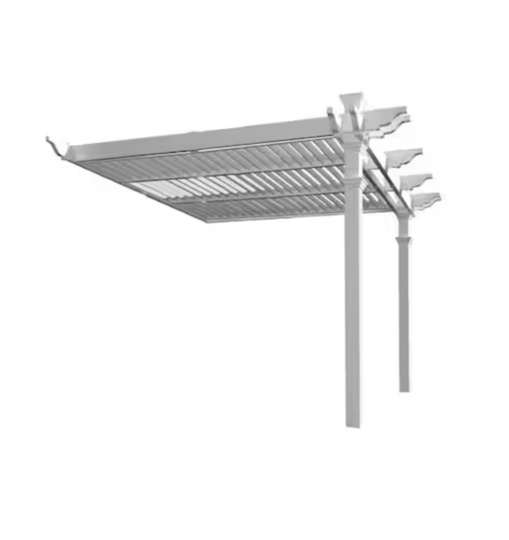 104"H x 141"W x 144"L Vinyl Elysium Attached Louvered Pergola (incomplete)