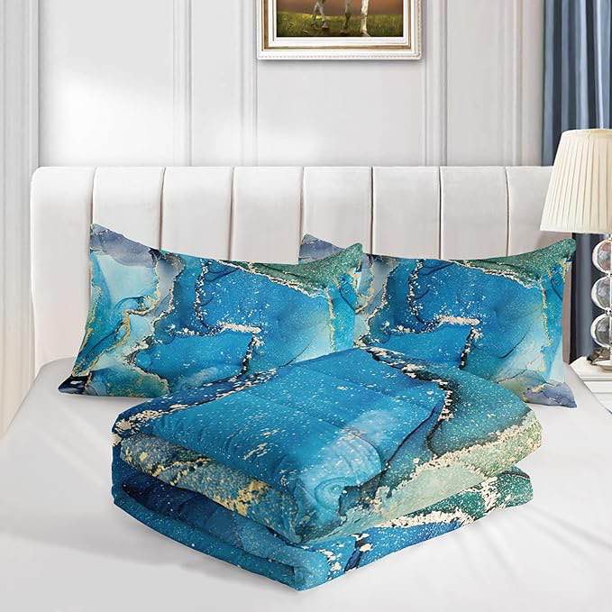 Axolotl Marble Abstract Bedding Set Queen,Teal Marble Comforter Set,Abstract Art Bedding,Blue and Gold Marble Comforter Set,Marble Texture Bedding Set for Girls Kids Teens Women,1 Quilt 2 Pillowcases (similar to stock photo)