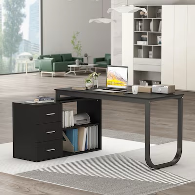 FUFU&GAGA Modern/Contemporary Black Executive Desk with Hutch, Reversible L-Shaped Design, 3 Drawers, 3 Shelves