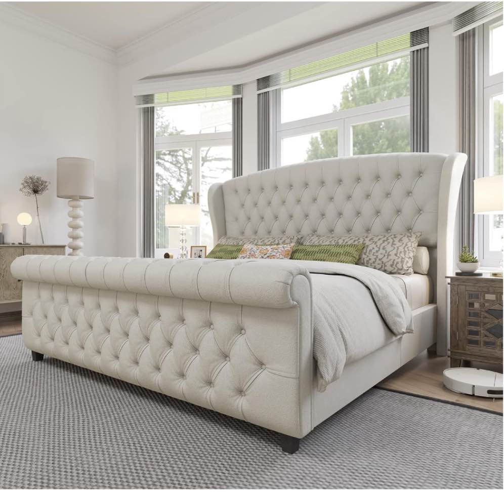 AMERLIFE King Size Platform Bed Frame, Chenille Upholstered Sleigh Bed with Scroll Wingback Headboard & Footboard/Button Tufted/No Box Spring Required/Cream