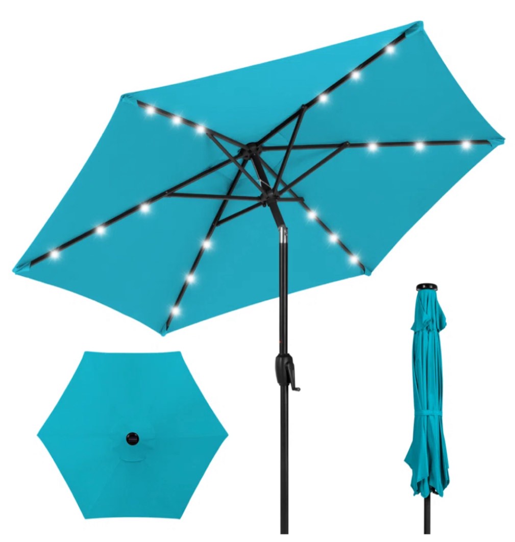 Sheldon 7.5Ft Outdoor Solar Patio Umbrella For Deck, Pool W/ Tilt, Crank, LED Lights