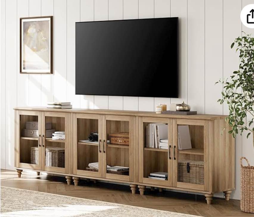  WAMPAT 100 Inch TV Stand with Glass Door, Wood TV Cabinet Entertainment Center for 75/80/85 Inch TV, 3-in-1 Kitchen Buffet Cabinet with 6 Storage Cabinets for Dining Room & Living Room, Oak(incomplete 1 piece only )