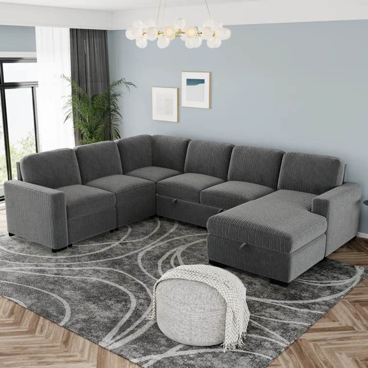  Caccinot 7-pieces U-Shaped Upholstered Corduroy Combination Storage Corner Sofa, USB interface(incomplete box 5 of 6 )