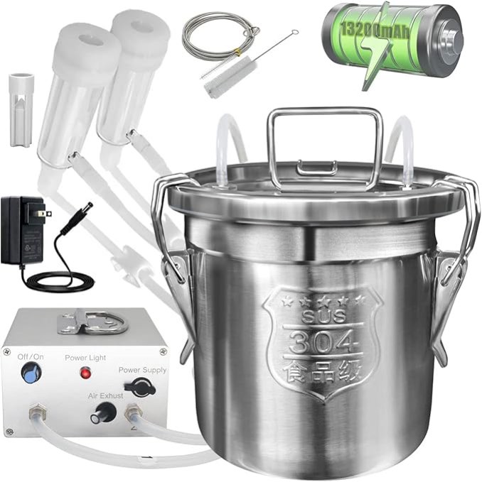 Hantop 6L Goat Milking Machine, Rechargeable Battery Powered Speed Adjustable Pulsating Vacuum Pump, 304 Stainless Steel Milk Bucket with Auto Stop Check Valve Goat Milker Machine (Pro Model)