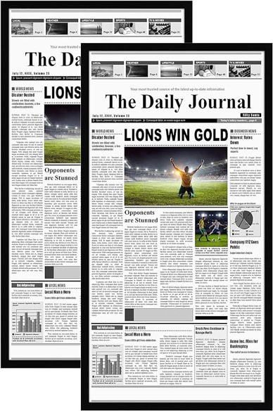 Americanflat 11x22 Newspaper Frame 2 Pack In Black - Assorted Media Article Cover Frame - Hanging Hardware Included - 22x11 Front Page Newspaper Picture Frame - 2 Pack