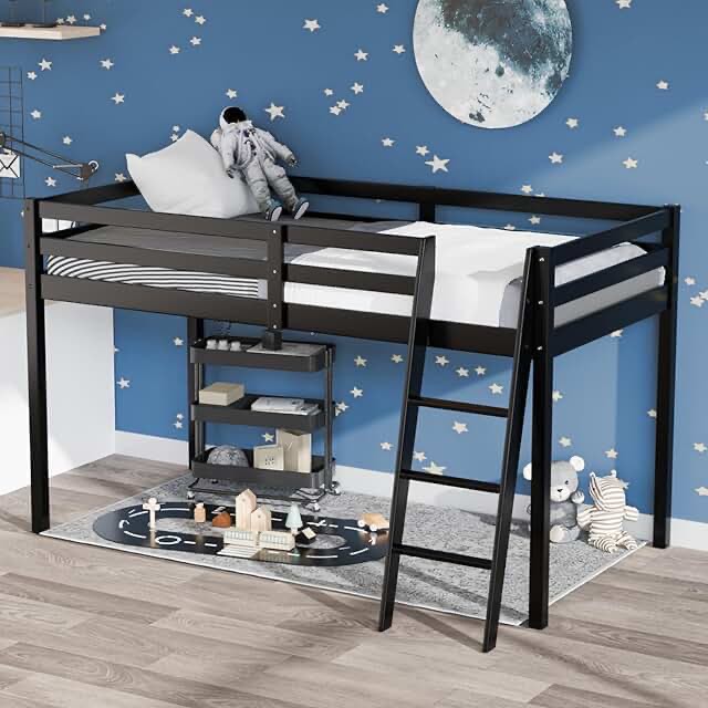 VINGLI 47'' Tall Junior Low Loft Bed with Stairs, Wood Loft Bed Twin Size for Adults, Kids and Young Teens, No Box Spring Required,Wood Slat Support, Black