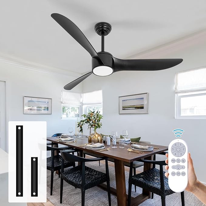 revoici Black Ceiling Fan with Light 52inch Remote 3CCT Dimmable LED Light Silent 6Speed Reversible DC Motor 3ABS Plastics Fan Blade Modern Flush Mount Ceiling Fan Indoor outdoor bedroom Living Room