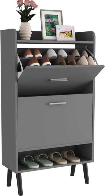 HOMEFORT Shoe Cabinet for Entryway, Shoe Storage Cabinet with 2 Flip Drawers, Narrow Shoe Rack Cabinet with Storage Shelf and Top Cubby, Modern Slim Hidden Shoe Cabinet with Doors (Grey)