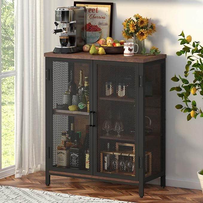 BON AUGURE Rustic Coffee Bar Cabinet for Liquor, Farmhouse Wood Metal Accent Cabinet with Storage, Industrial Small Buffet Sideboard for Kitchen and Dining Room (Rustic Oak)