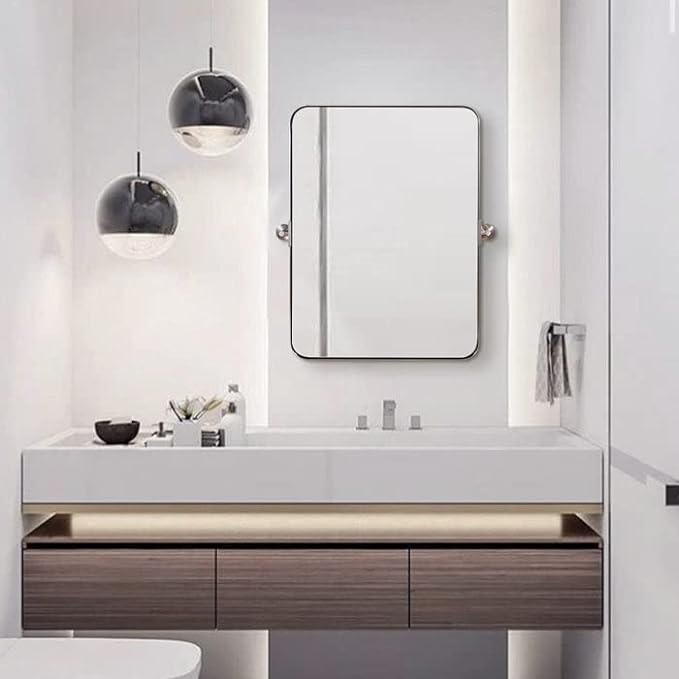 MOON MIRROR 24" x 36" Brushed Nickel Metal Framed Pivot Rectangle Bathroom Mirror, Silver Tilting Rounded Rectangular Vanity Mirror for Wall Mounted Hangs Vertical(Overall 27.75" x 36")