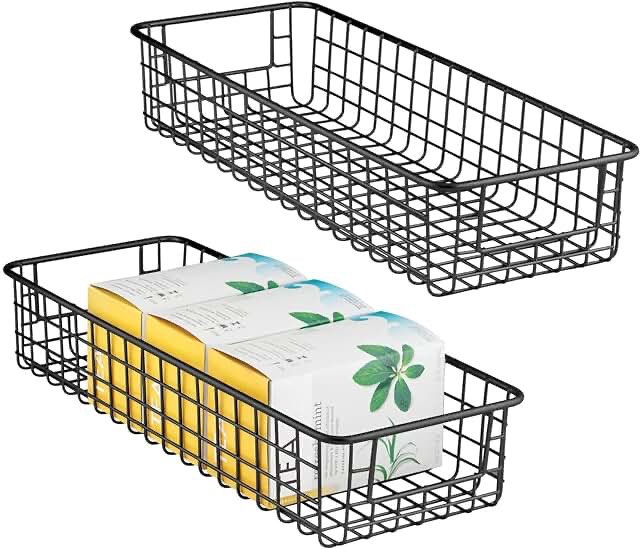 mDesign Shallow Metal Wire Basket for Storage Pantry - Kitchen Organization Basket with Handles - Bin Basket for Organizing Cabinets or Countertop - Concerto Collection, 2 Pack, Matte Black