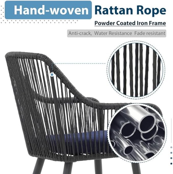 MF Studio 2-Piece Outdoor Patio Rattan Dining Chair with Navy Blue Cushions  Dark Brown