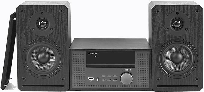 Home Stereo System,LONPOO Audio Amplifier and Passive Bookshelf Speaker Pair, 100 Watts RMS, Micro Component with CD Player,FM Tuner,Aux-in,USB Playback,Wireless Streaming & Earphone Port