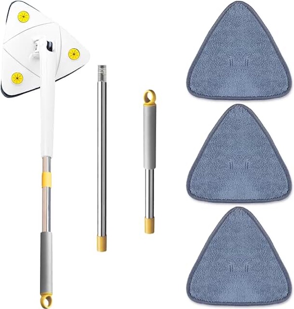 Triangle Mop with Adjustable 52" Long Handle - 360° Rotatable Multi-Purpose Cleaning Mop & Wall Cleaner Mop, Ideal for Walls, Ceilings, Floors, and Baseboards