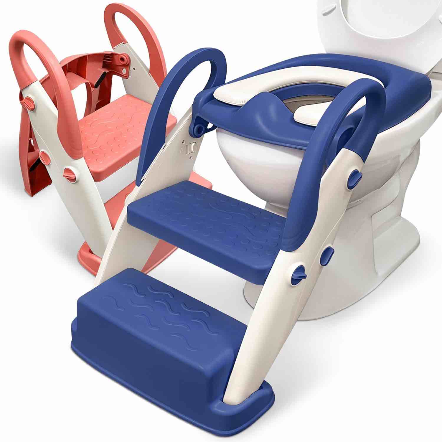 Upgrade 4-in-1 Toilet Seat & Step Stool - Blue Potty Training Toilet with 2 Step System for Kids Boys Girls Potty Training Seat with Step Ladder - Toddler Chair Splash Guard Anti-Slip Pad Step Stool