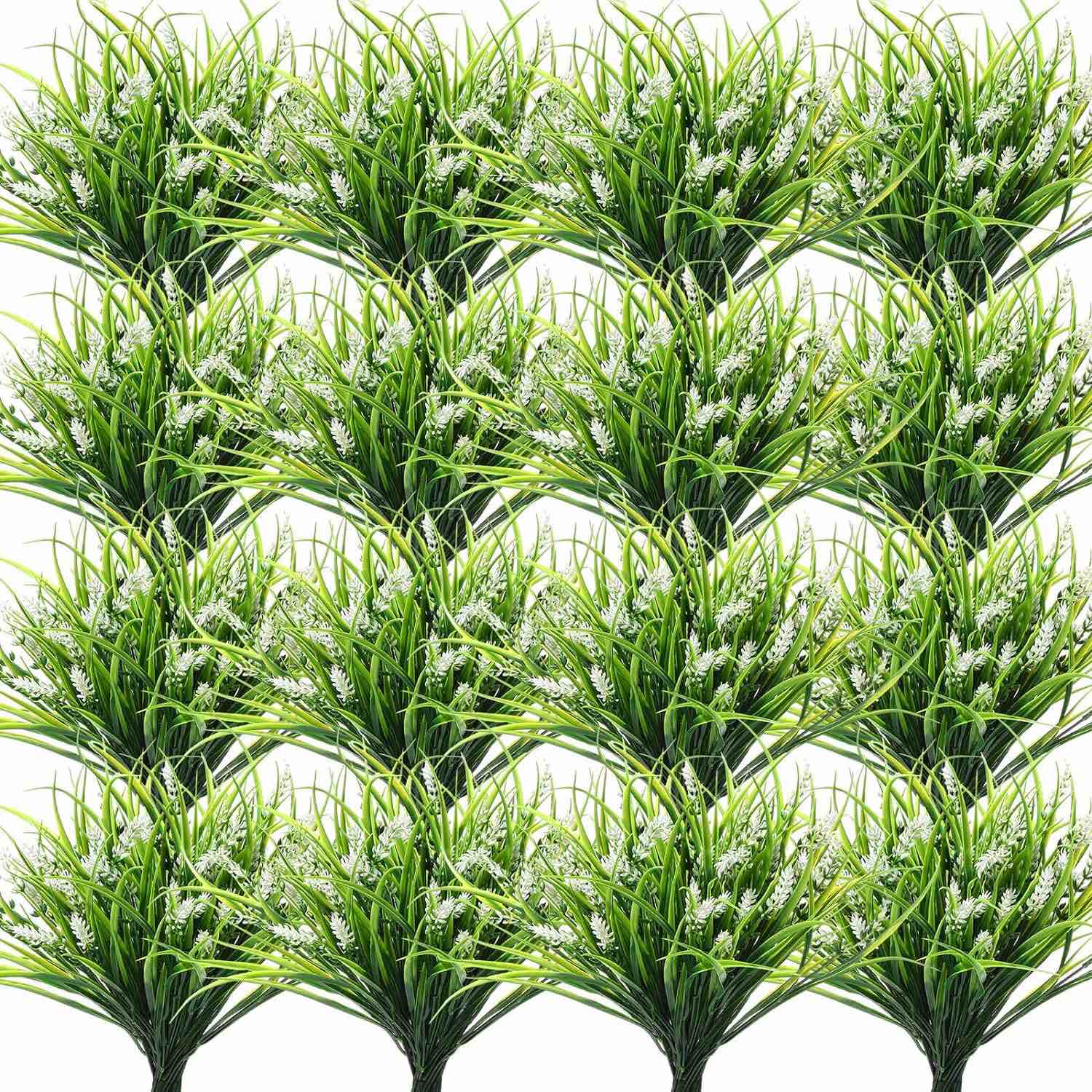 48 Bundles Artificial Monkey Grass with Flowers False Outdoor Flowers UV Resistant Plastic Artificial Plants Fake Shrubs Flowers Greenery Bushes for Hanging Planter Garden Home (White)