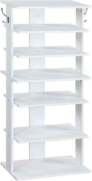 Vertical Shoe Rack, 7 Tier Shoe Storage Organizer with Hooks, Entryway Shoe Tower?Vertical Shoe Organizer?Vertical Shoe Organizer?White