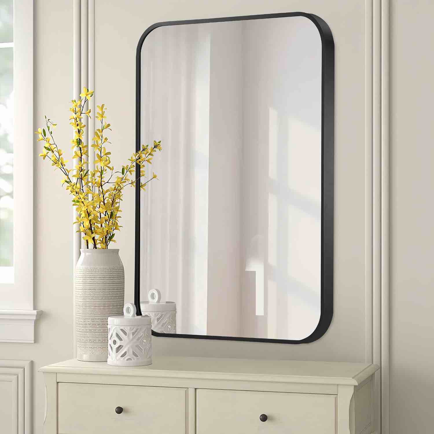 22x30 Inch Black Bathroom Mirror, Brushed Bathroom Mirrors for Wall with Metal Frame, Rectangle Black Vanity Mirror with Round Corner for Bedrooms, Entryways, Living Rooms, Horizontal/Vertical