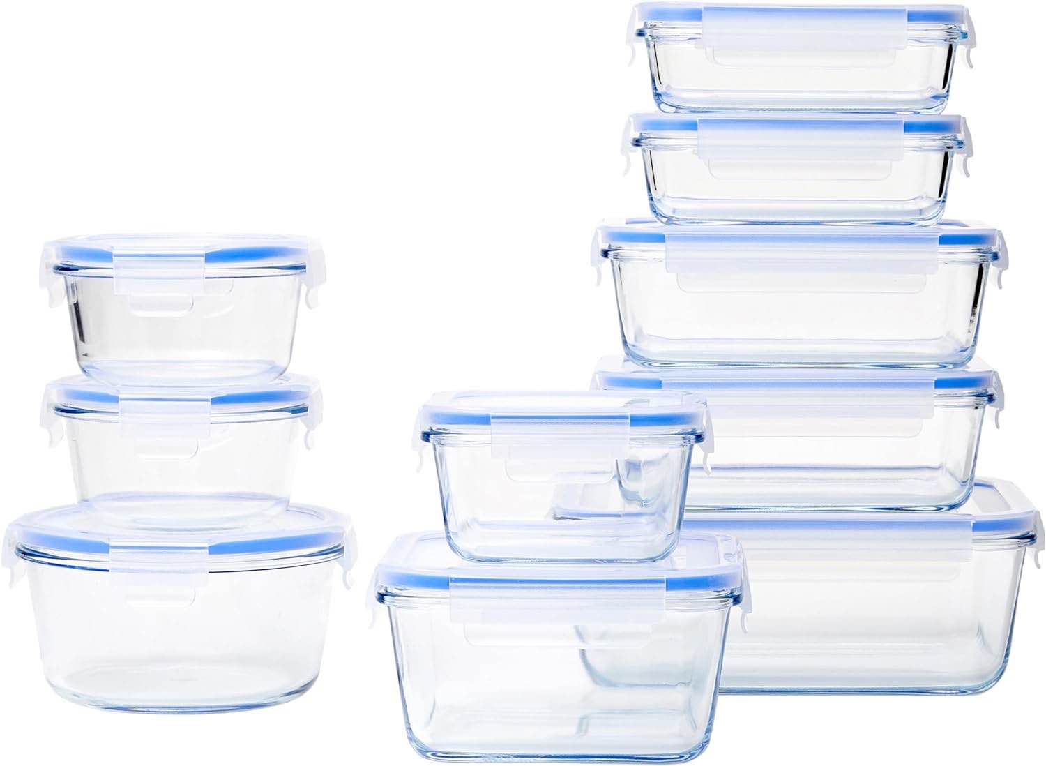 Amazon Basics 20-Piece Glass Food Storage Containers, 10 Count of Bases and Plastic Lids, Transparent, Blue