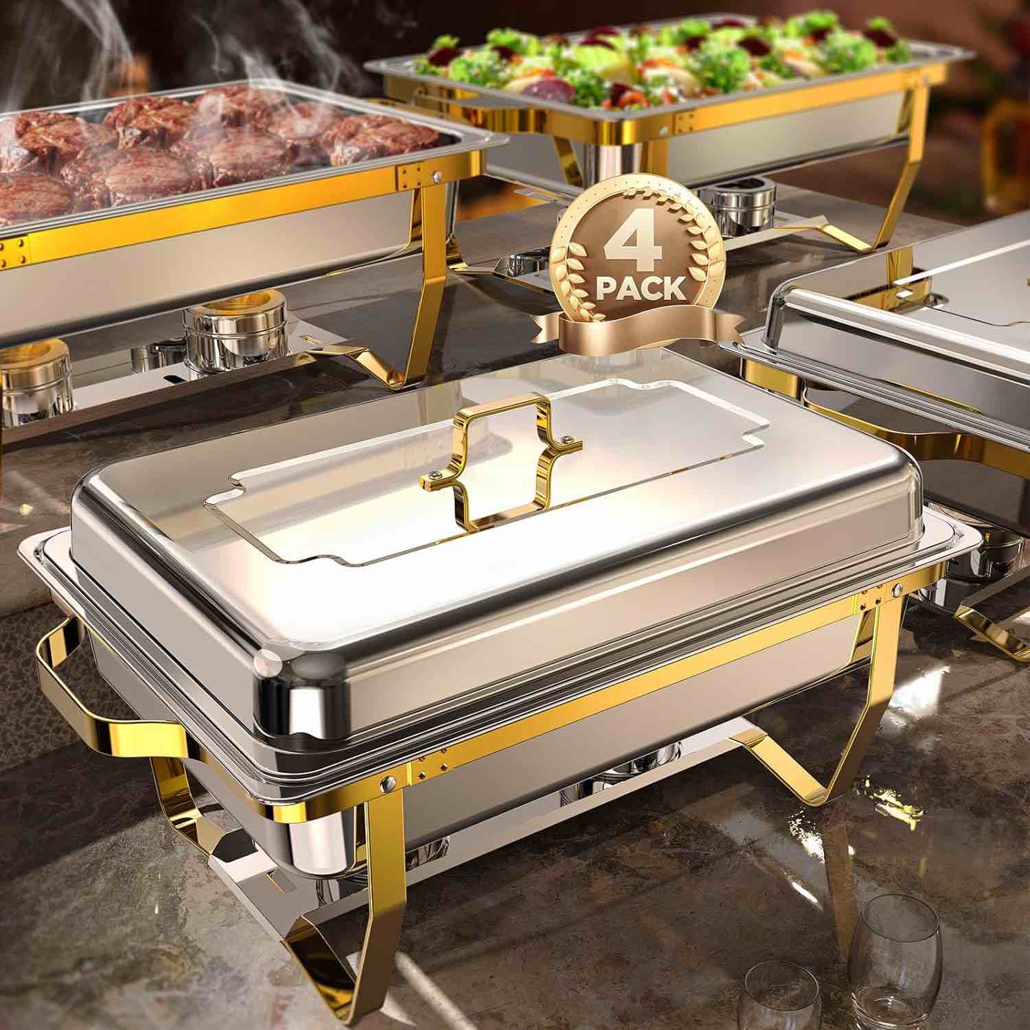 Chafing Dishes for Buffet 4 pack, 8QT [Elegant Gold and Silver Colors] Stainless Steel Chafing Dish Buffet Set [Sturdy and High Grade] Chafers and Buffet Warmers Sets for Any Party with Complete Set