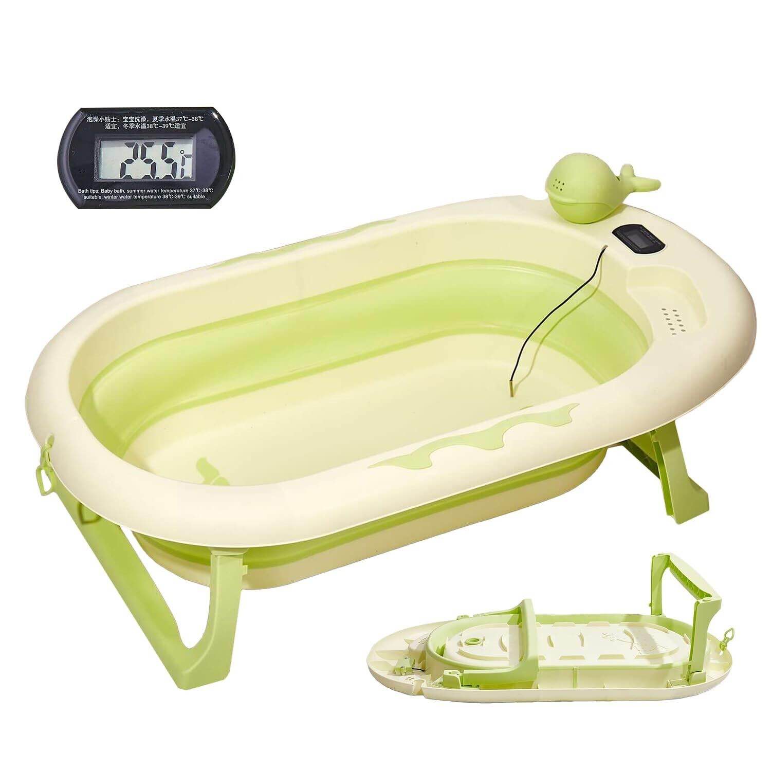 Collapsible Baby Bathtub with Thermometer - Infant Bathtub with Drainage Hole - Baby Bathtub Newborn to Toddler 0-36 Months - Portable - Green