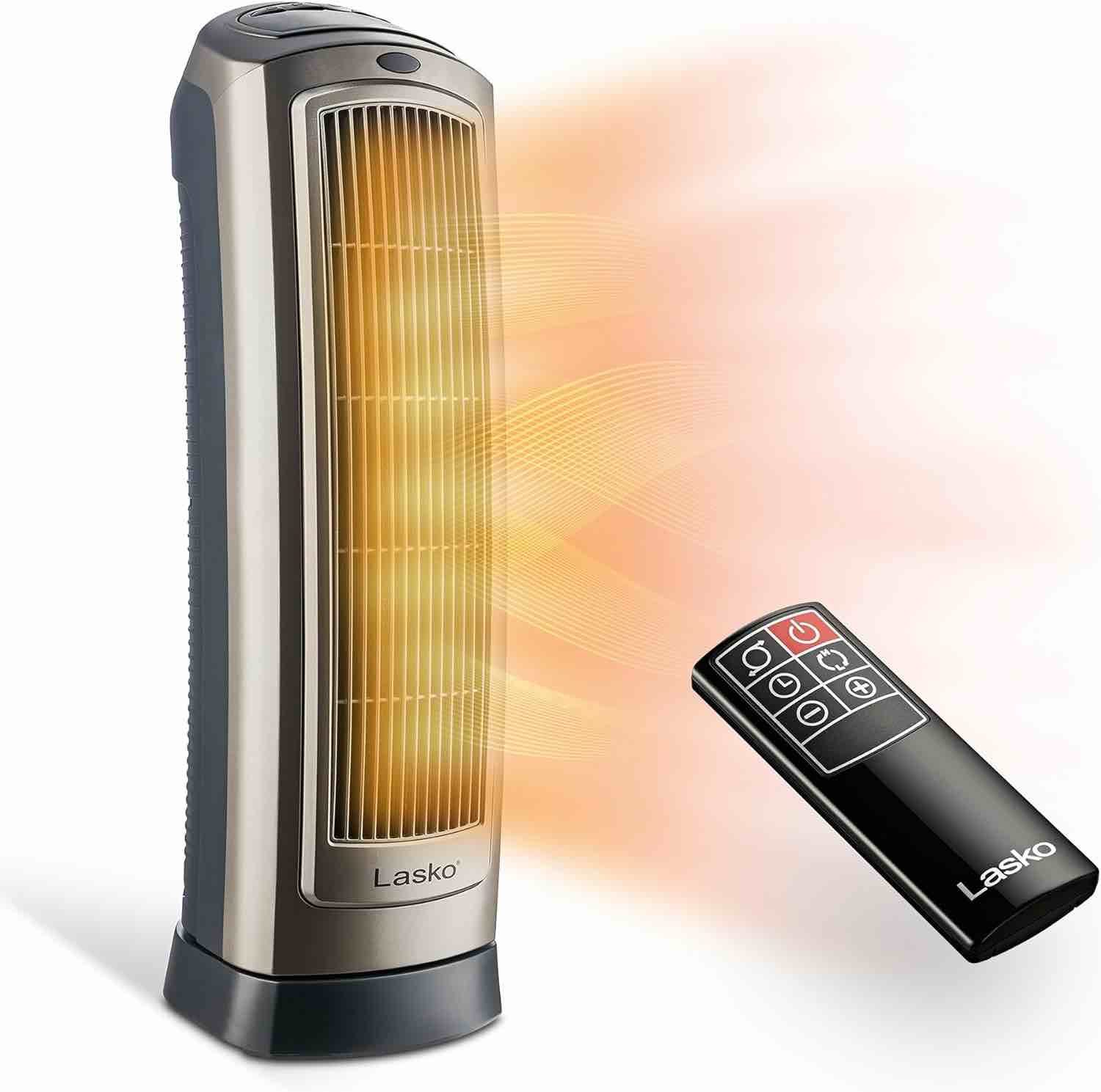 Lasko Oscillating Digital Ceramic Tower Heater for Home with Adjustable Thermostat, Timer and Remote Control, 23 Inches, 1500W, Silver, 755320, 8.5?L x 7.25?W x 23?H, Silver
