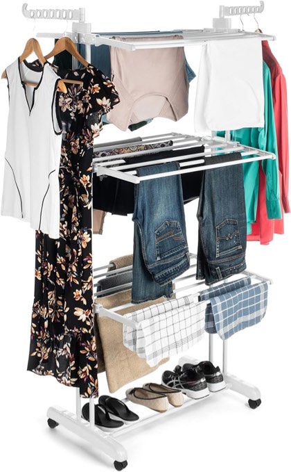 Premium Clothes Drying Rack - 4-Tier Foldable Stainless Steel & Collapsible Drying Rack - Free Standing & Easy to Assemble Indoor Laundry Drying Rack for Garments and Clothing,White/White