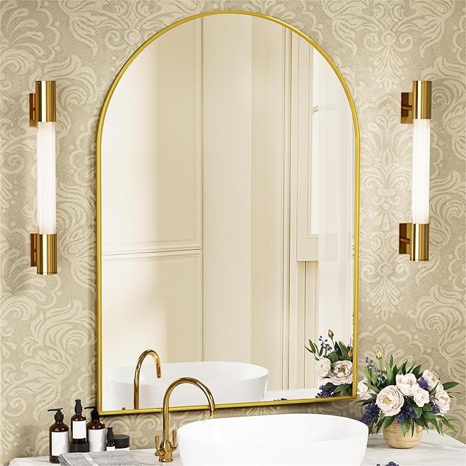 Arch Bathroom Mirror, 20"x30" Wall Mounted Mirrors for Bathroom, Black Vanity Mirror with Metal Frame for Bedroom, Entryway, Living Room, Gold