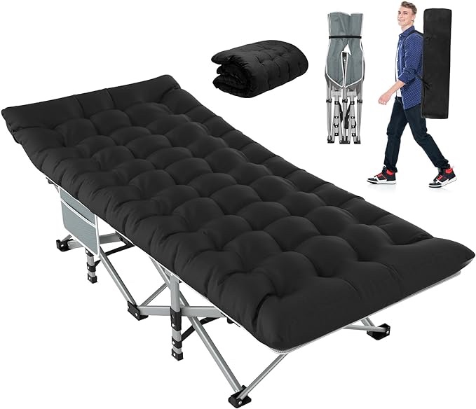 Slendor Folding Camping Cot with Mattress Black,Max Load 800lbs Cots for Sleeping Camp Cots for Adults Kids Teenage Portable Travel Camp Cot Pad for Home Office Beach Garden Fishing