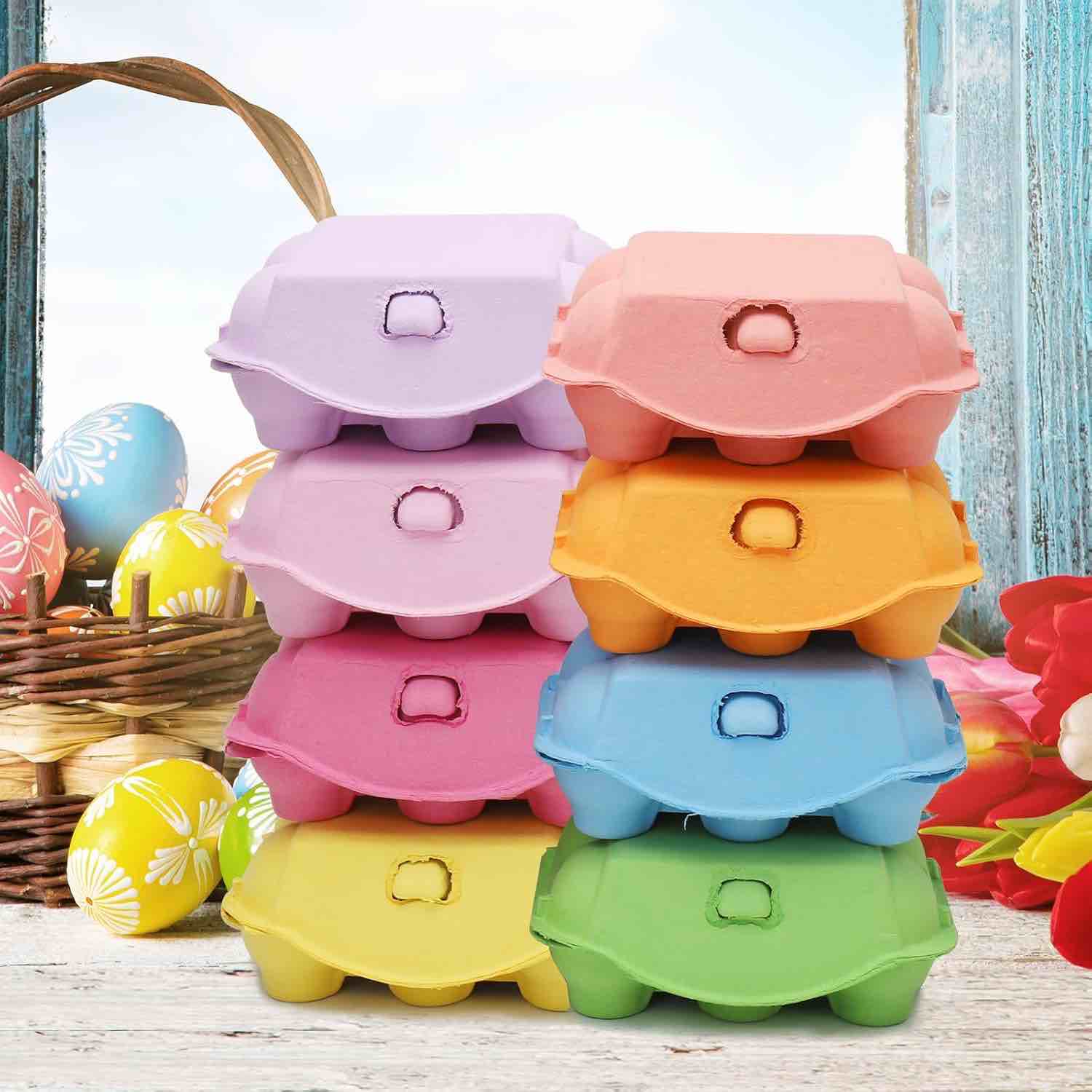 24 Pack Half Dozen Colored Egg Cartons, Colorful Reusable Natural Pulp Paper Egg Cartons 6 Count for Chicken Eggs, Bulk Blank Cardboard Easter Toy Color Storage Tray for Gifts Easter Crafts, 8 Colors