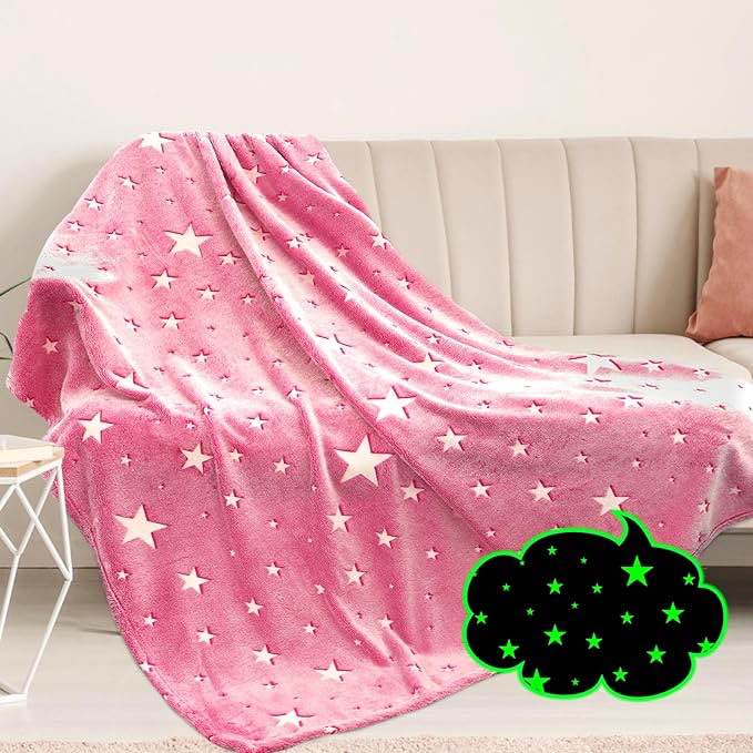 Preppy Blanket Glow in The Dark Blanket Girls Pink Star Blanket Fleece Blanket Birthday Gifts for Kids Soft Throw Blankets All Seasons