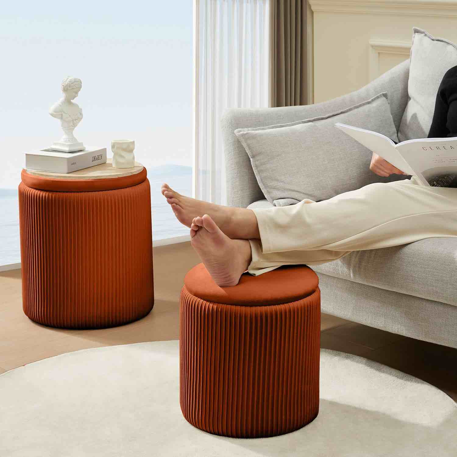 Round Ottoman with Storage Set of 2 Upholstered Velvet Makeup Vanity Stool Chair Footrest Multifunctional Support 300lbs Padded Seat for Living Room&Bedroom Coffee Table(Orange,Crease Lines)