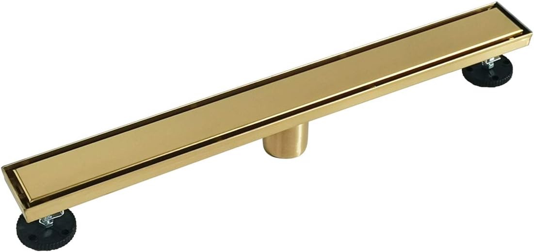 Neodrain Brushed Brass 24-Inch Linear Shower Drain- with 2-in-1 Flat & Tile Insert Cover, 304 Stainless Steel Rectangle Shower Floor Drain,Floor Shower Drain